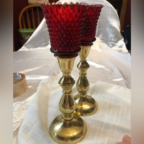 Vintage Set of Brass Candleholders and Ruby Red Votives - Picture 2 of 10